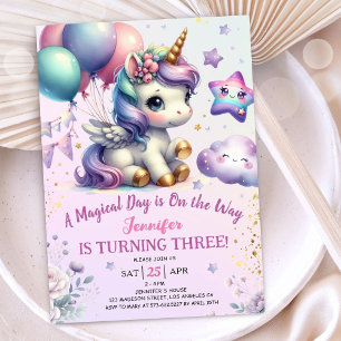 Invitation d'anniversaire Licorne 3 ans Fille Viol