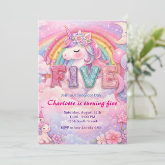 Invitation d'anniversaire Licorne Arc-en-ciel Past
