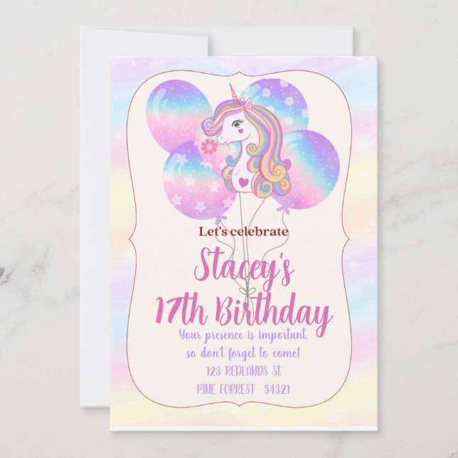 Invitation d'anniversaire Licorne Étincelles et Ba (Devant)