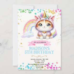 Invitation d'anniversaire Licorne féline arc-en-ci