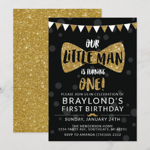Invitation d'anniversaire Little Man, Noir & Or