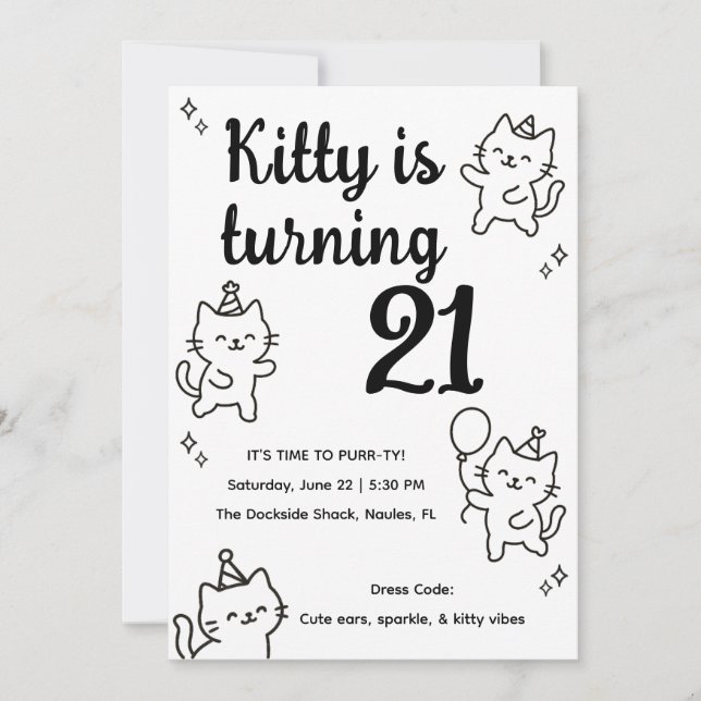 Invitation d'anniversaire minimale de chat griboui (Devant)