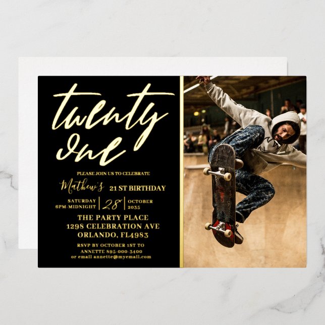 Invitation d'anniversaire moderne Black & Gold 21 (Recto/Verso)