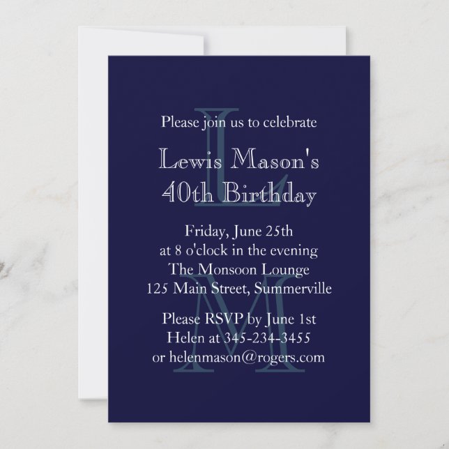 Invitation d'anniversaire monogramme moderne (mari (Devant)