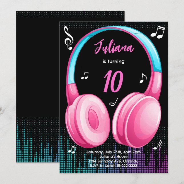 Invitation d'anniversaire musicale Turquoise rose (Devant / Derrière)