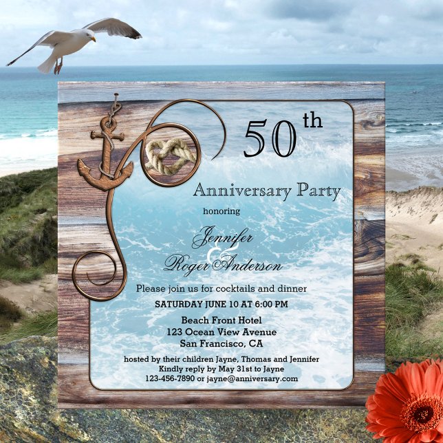 Invitation d'anniversaire nautique rustique (Wedding anniversary invitation featuring ocean waves framed by rustic wood, an anchor and tied knot)