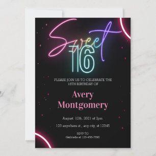 Invitation d'anniversaire néon lumineux 16 ans