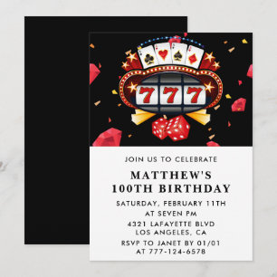 Invitation d'anniversaire noir 100 ans thème Casin