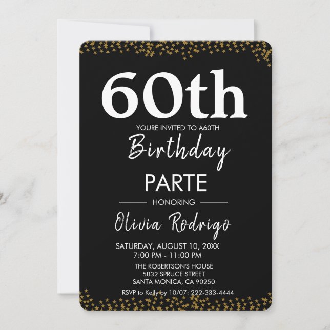 Invitation d'anniversaire Noir et Or, modifiable 6 (Devant)
