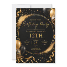 Invitation d'anniversaire Noir & Or