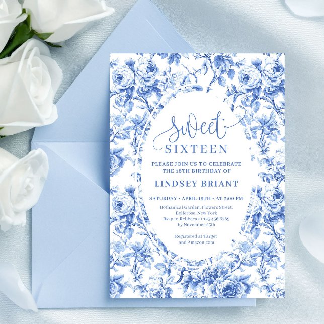 Invitation d'anniversaire numérique Fleurs de coul (Royal Blue Digital Floral 16th Birthday Invite)