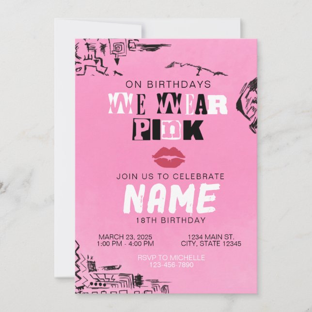 Invitation d'anniversaire 'On porte du rose' | Mea (Devant)