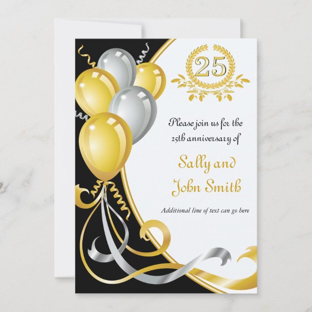 Invitation d'anniversaire or et argent pour les 25 (Devant)