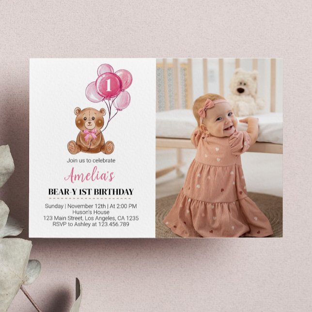 Invitation d'anniversaire ours en peluche rose bal (Créateur téléchargé)
