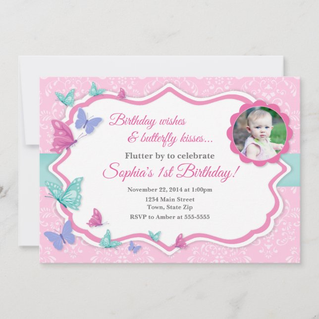 Invitation d'anniversaire papillon 1er anniversair (Devant)