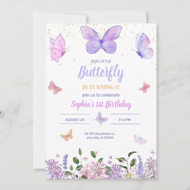 Invitation d'anniversaire papillon, Jardin Fleur s (Devant)