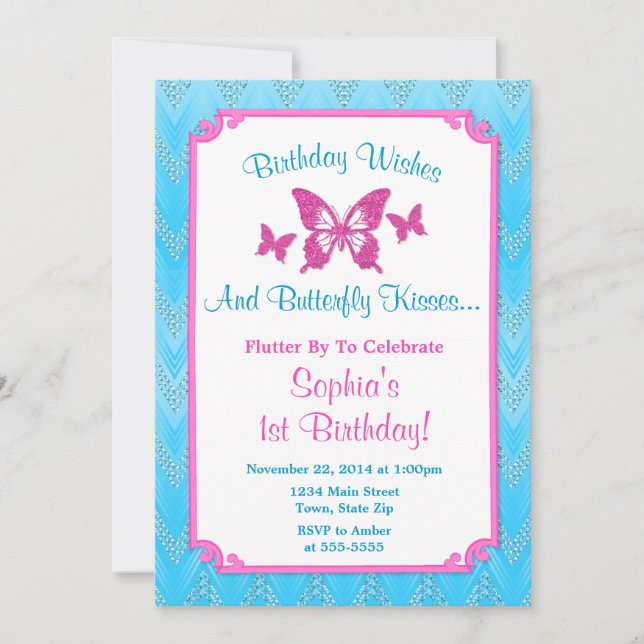 Invitation d'anniversaire papillon rose 1er annive (Devant)