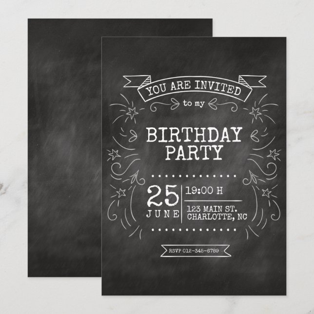 Invitation d'anniversaire personnalisable Chalkboa (Devant / Derrière)