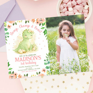 Invitation d'anniversaire photo aquarelle dinosaur