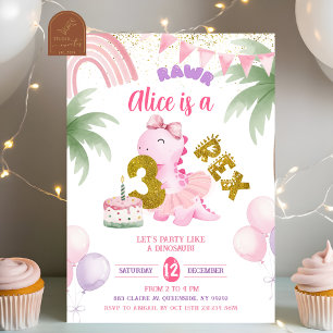 Invitation d'anniversaire Pink Pastel Dinosaur 3-r