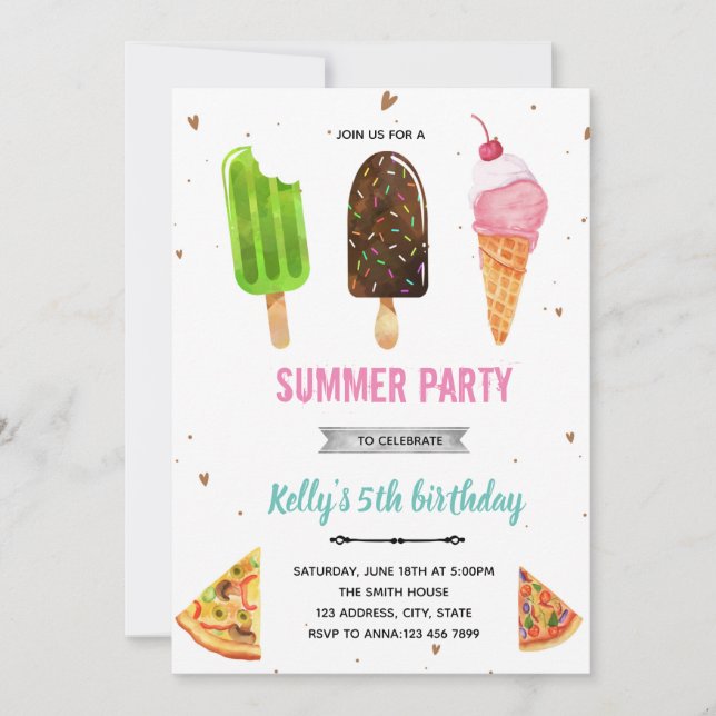 Invitation d'anniversaire pizza et glace (Devant)