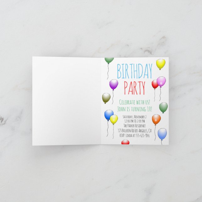 Invitation d'anniversaire pliée avec ballons (Intérieur)