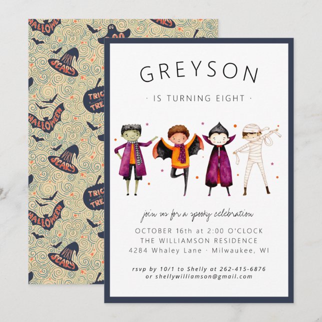 Invitation d'anniversaire pour costume d'Halloween (Devant / Derrière)