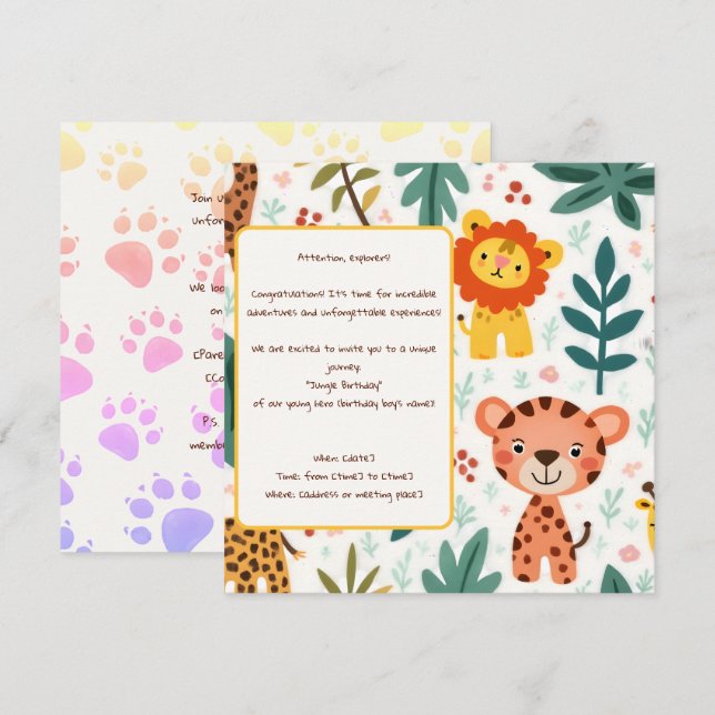 Invitation d'anniversaire pour enfants à la Jungle (Devant / Derrière)