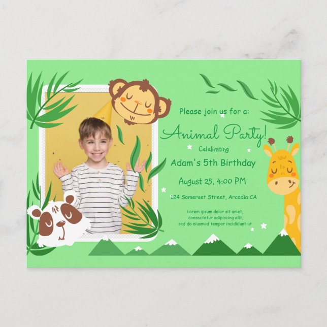 Invitation d'anniversaire pour enfants avec des an (Devant)