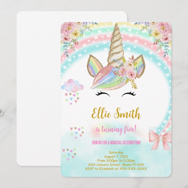 Invitation d'anniversaire pour enfants licorne (Devant / Derrière)