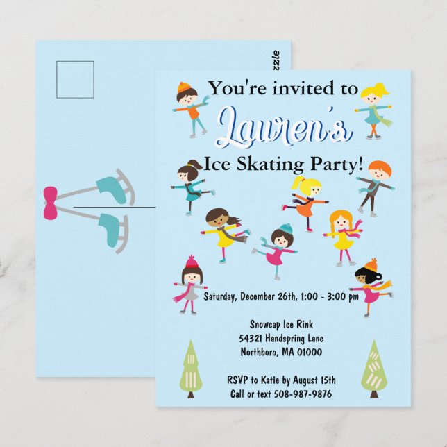 Invitation d'anniversaire pour enfants patinage su (Devant / Derrière)