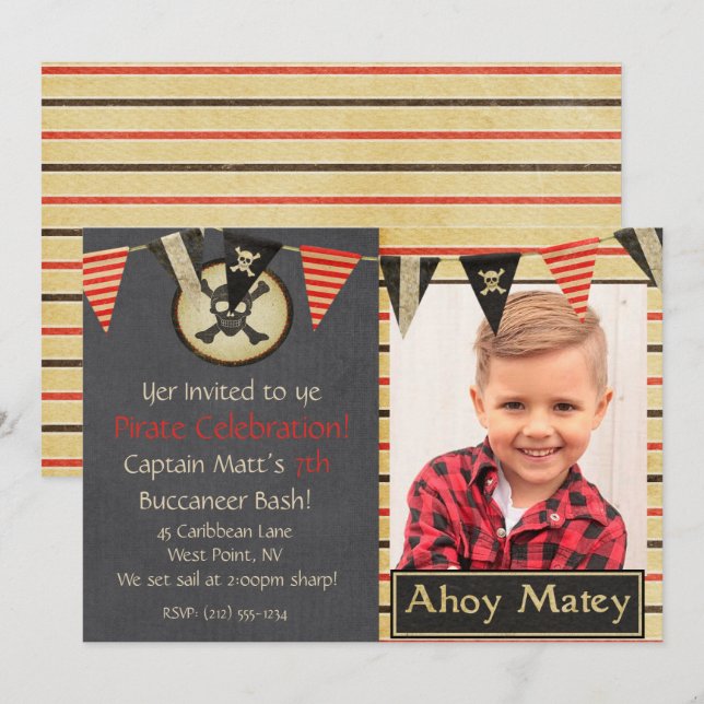 Invitation d'anniversaire pour enfants pirates (Devant / Derrière)