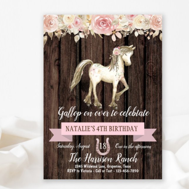 Invitation  d'anniversaire pour fille avec poney et fleur aqu (Cute pony any number birthday party invitation.)