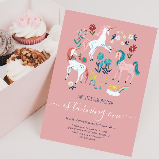 Invitation d'anniversaire pour filles avec licorne (Unicorn pink birthday party invitation)