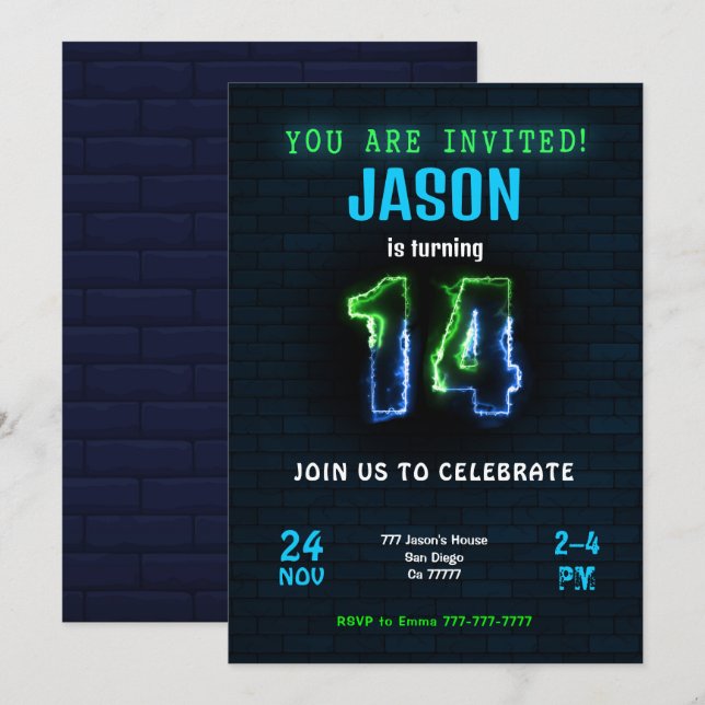Invitation d'anniversaire pour garçon de 14 ans (Devant / Derrière)