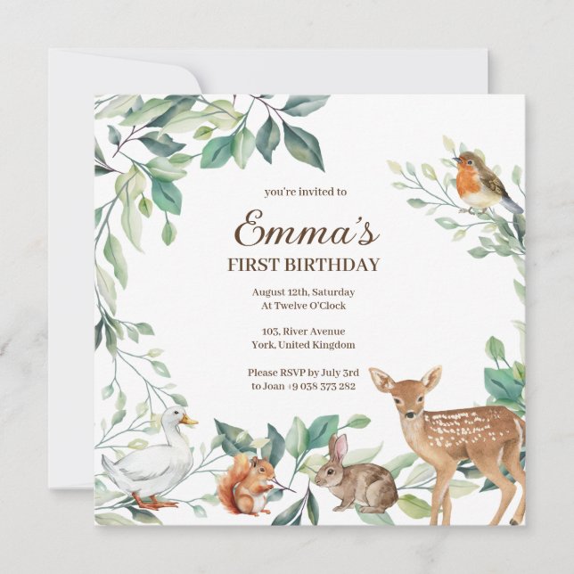 Invitation d'anniversaire pour les animaux foresti (Devant)