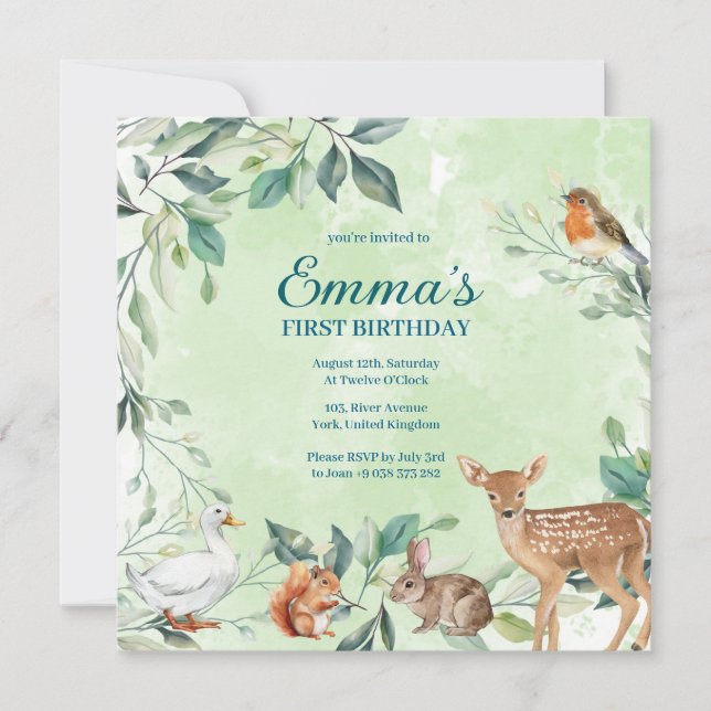 Invitation d'anniversaire pour les animaux foresti (Devant)