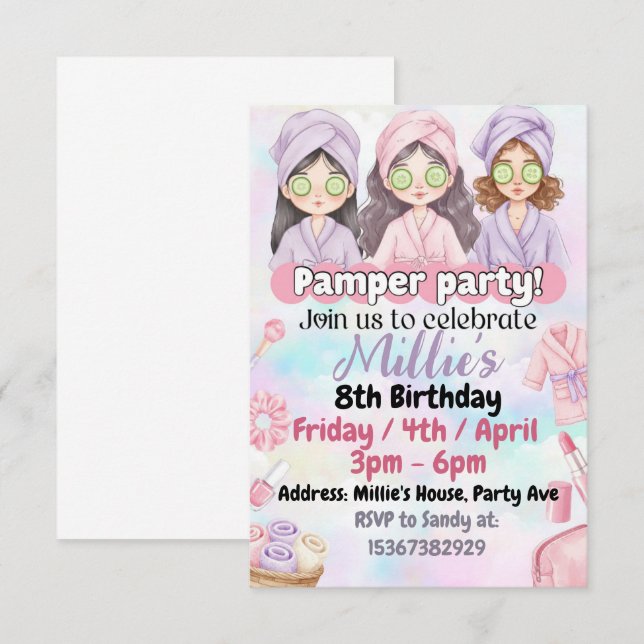 Invitation d'anniversaire pour les filles à la fêt (Devant / Derrière)