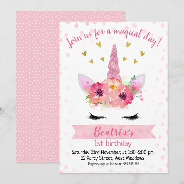 Invitation d'anniversaire pour les filles roses à  (Devant / Derrière)