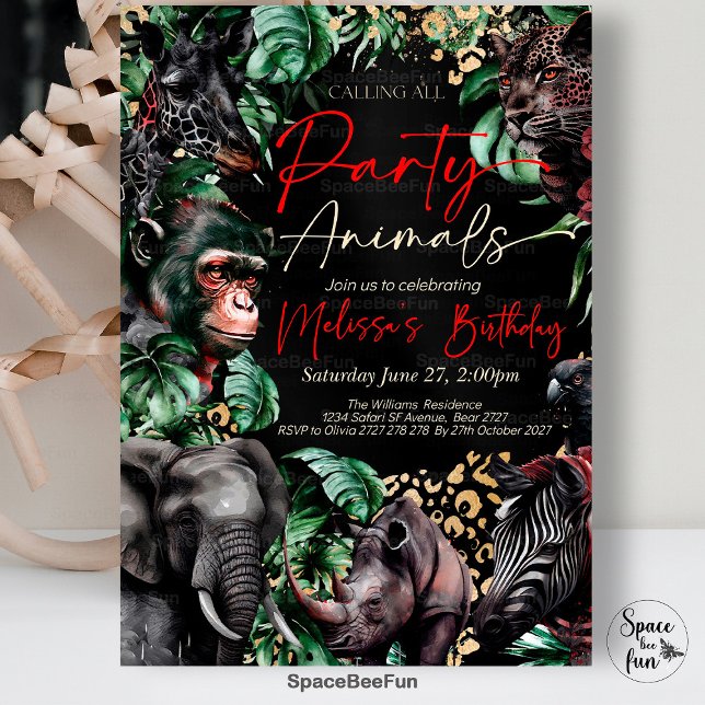 Invitation d'anniversaire pour tous les fêtards (Calling All,Party Animal,Birthday Invitation,Leopard Print,Black Jungle,Theme Safari,Gothic Safari,P)