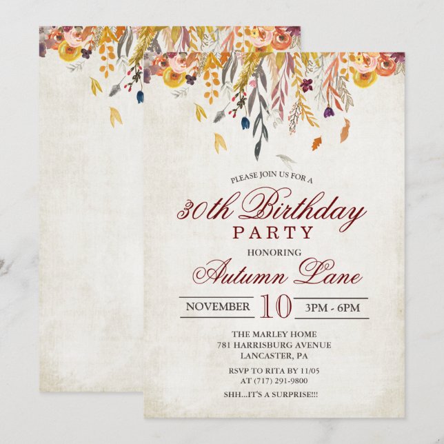 Invitation d'anniversaire pour tout âge - Feuilles (Devant / Derrière)