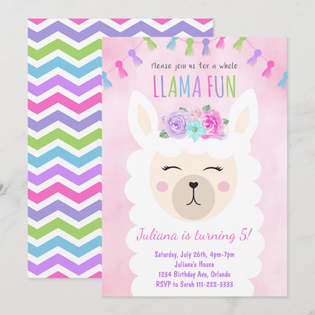 Invitation d'anniversaire pour toute la Llama (Devant / Derrière)