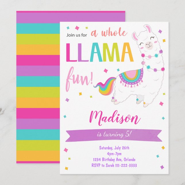 Invitation d'anniversaire pour toute la Llama (Devant / Derrière)