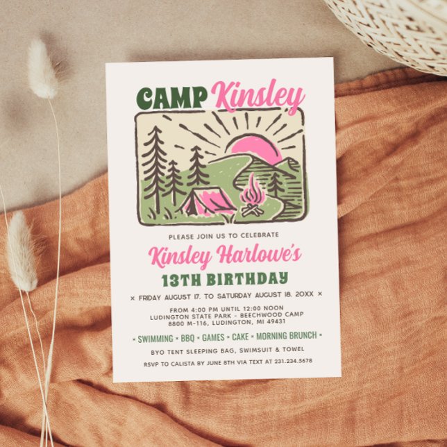 Invitation d'anniversaire pour un week-end au camp (Retro Girly Weekend Camp Birthday Invitation)