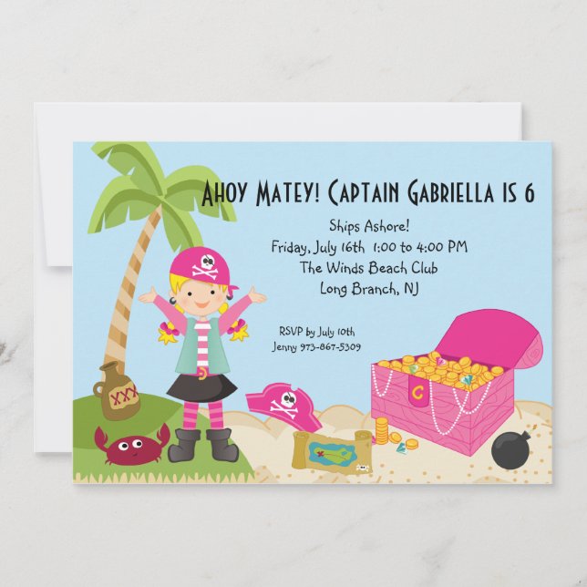 Invitation d'anniversaire pour une fille pirate ro (Devant)