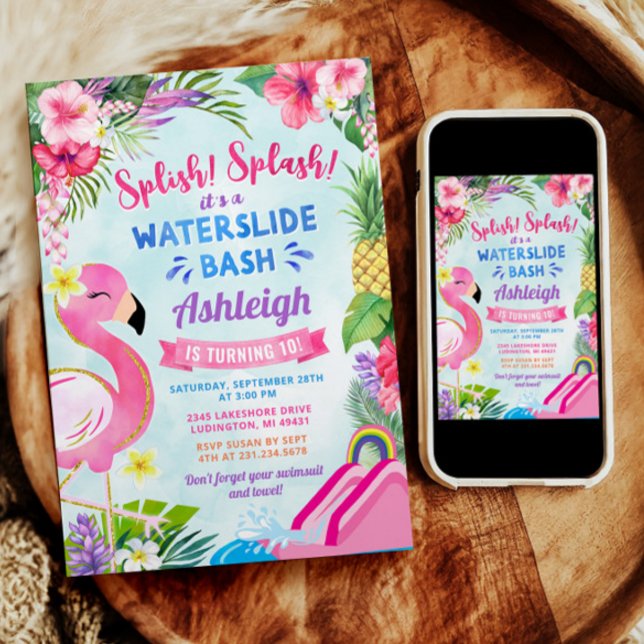 Invitation d'anniversaire pour une glissade de fon (Tropical Girly Waterslide Birthday Invitation with an Adorable Pink Flamingo)