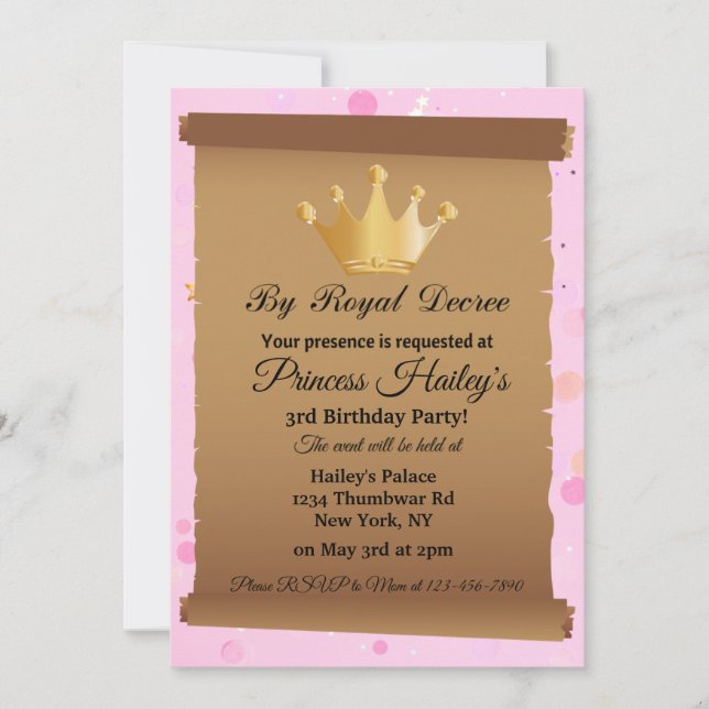 Invitation d'anniversaire princesse Crown Pink (Devant)