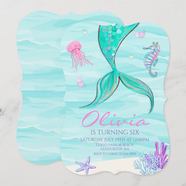 Invitation d'anniversaire Queue de Sirène Sous la  (Devant / Derrière)
