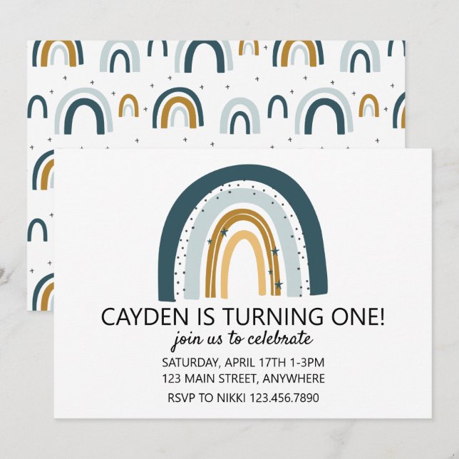 Invitation d'anniversaire Rainbow Blue et brown ga (Devant / Derrière)