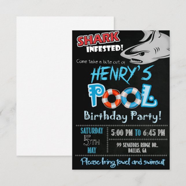 Invitation d'anniversaire requin, Fête au bord de  (Devant / Derrière)